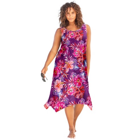 Swim 365 Women's Plus Size Sharktail Beach Cover Up - 22/24, Spice Hibiscus