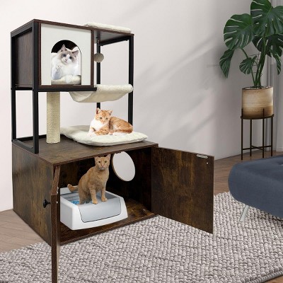 Cat Tree with Litter Box Enclosure, Corner Wooden Cat House with Condo, Plush Hammock