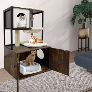 Cat Tree with Litter Box Enclosure, Corner Wooden Cat House with Condo, Plush Hammock - 1 of 4
