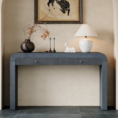HDZNVF Rustic Console Table with Fluted Drawer Front, Entryway Table with Curved Corners and Thick Legs, Dark Navy