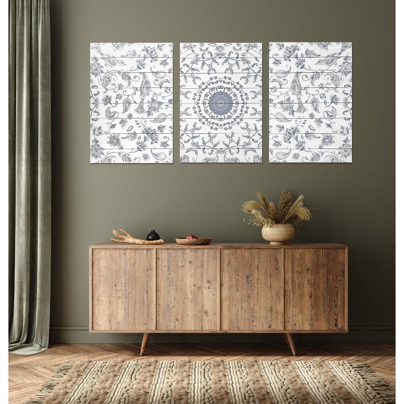 48&#34; x 24&#34; Chinoiserie Pattern Triptych Print on Planked Wood Wall Sign Panel Gray - Gallery 57, 4 of 7