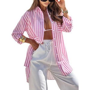 Coolmee Women's Striped Print Button-Up Shirt Casual Boho Belted Long Sleeve Boyfriend Blouse Tops with Pockets - 1 of 4