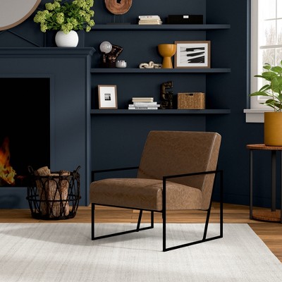 Brown Faux Leather and Metal Arm Accent Chair