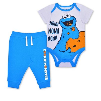 Sesame Street Boy's 2-Pack Cookie Monster Short Sleeve Baby Bodysuit Creeper and Jogger Pant Set - Size 6-9 Months