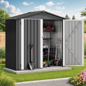 6x4 FT Shed Outdoor Storage Shed with Lockable Doors & Sloped Roof Metal Garden Tool Shed for Backyard, Patio, Poolside , Dark Gray - 1 of 4