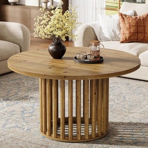 Lantine Solid Wood Round Coffee Table for Living Room, 31.5-Inch Farmhouse Circle Center Cocktail Tea Table for Apartment Small Space, Rustic Brown - 1 of 4