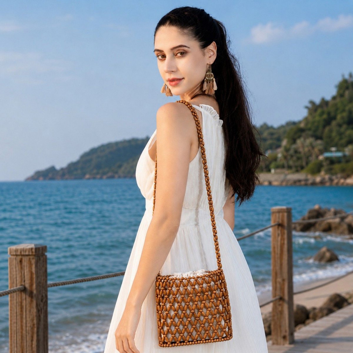 Сумки Alilang Hand-Crafted Wooden Beaded Crossbody Bag for Women - Lightweight Geometric Pattern Purse - Coffee — фото 2