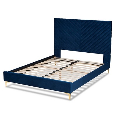 Elegant Chevron Tufted King Platform Bed in Lavish Blue Velvet