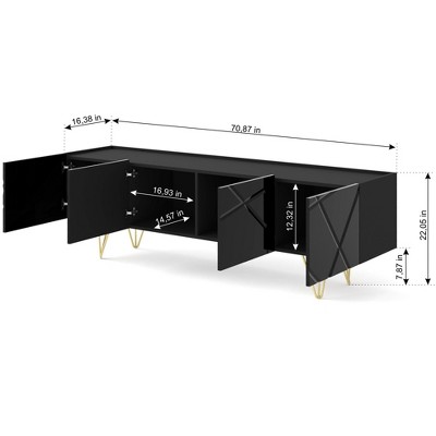 Black Gloss Modern TV Stand with Gold Metal Legs and Cabinet