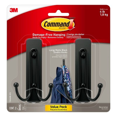 Command 2pk Large Sized Double Decorative Hook Matte Black