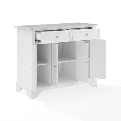 Avery Distressed White Kitchen Island Cart with Faux Marble Top