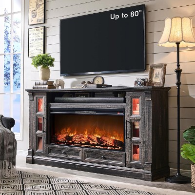 SinCiDo 80" TV Fireplace Stand, 36" Farmhouse Entertainment Center w/42" Electric Fireplace, Glass Door Cabinets & Drawers