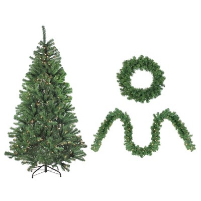 Northlight 4pc Artificial Christmas Tree Winter Spruce, Wreath and Garland Set 6.5' - Clear Lights