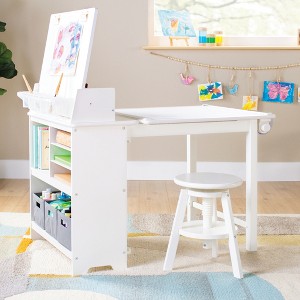 Guidecraft Design Studio – White: 3-in-1 Kids Art Table & Stool, Writing, Painting & Drafting Table w/ Craft Storage & Bins, Art Easel with Paper Roll - 1 of 4