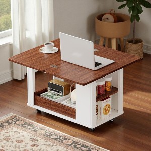 Mshliw 27.6" Modern Coffee Table with Foldable Top & Casters, Multi-Tier Storage Side Table for Living Room or Office - 1 of 4
