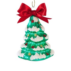Craftoutlet.Com 4.0 Inch Snow Tipped Green Tree With Bow Glittered Ornaments Tree Ornaments - 1 of 3