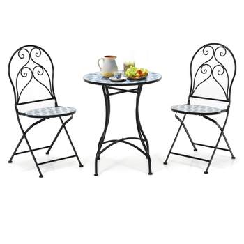 Tangkula 3PCS Patio Mosaic Design Folding Chairs Side Table Set Bistro Set Classic Furniture Chair Set for Garden