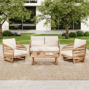 Christopher Knight Home Yantic 4 Piece Outdoor Modern Acacia Wood Chat Set with Water-Resistant Cushions - 1 of 4