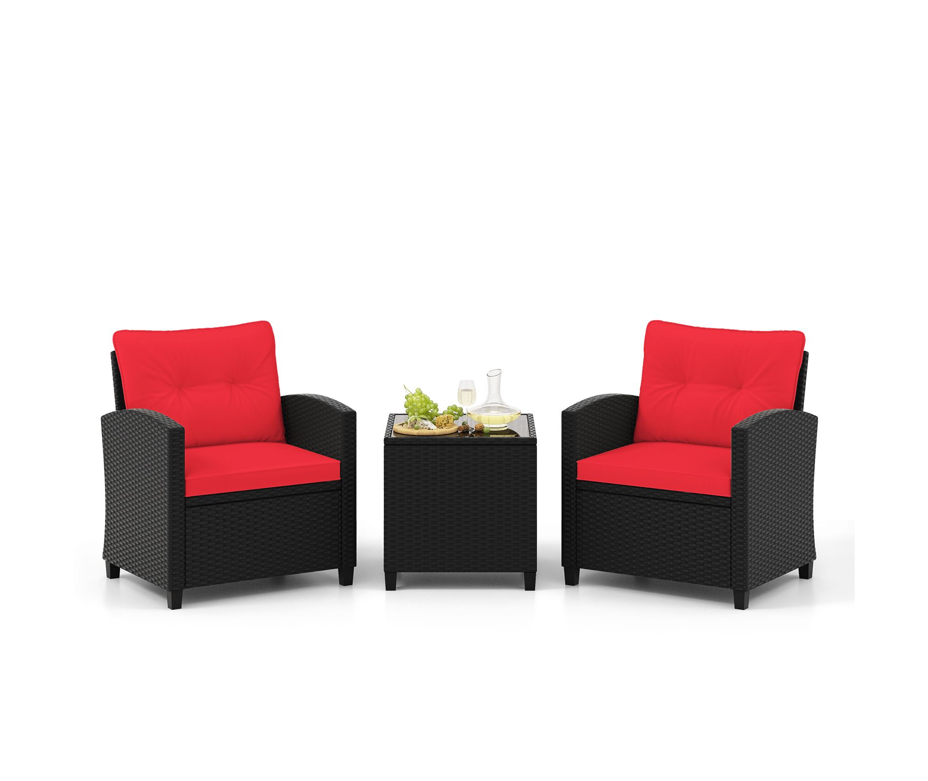 Tangkula 3 Piece Patio Furniture Set Rattan Conversation Set w/Soft Seat & Back Cushions Tempered Glass Topped Coffee Table Cushioned Set Red