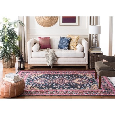 Navy and Pink Floral Motif Cotton Area Rug, 4' x 6'