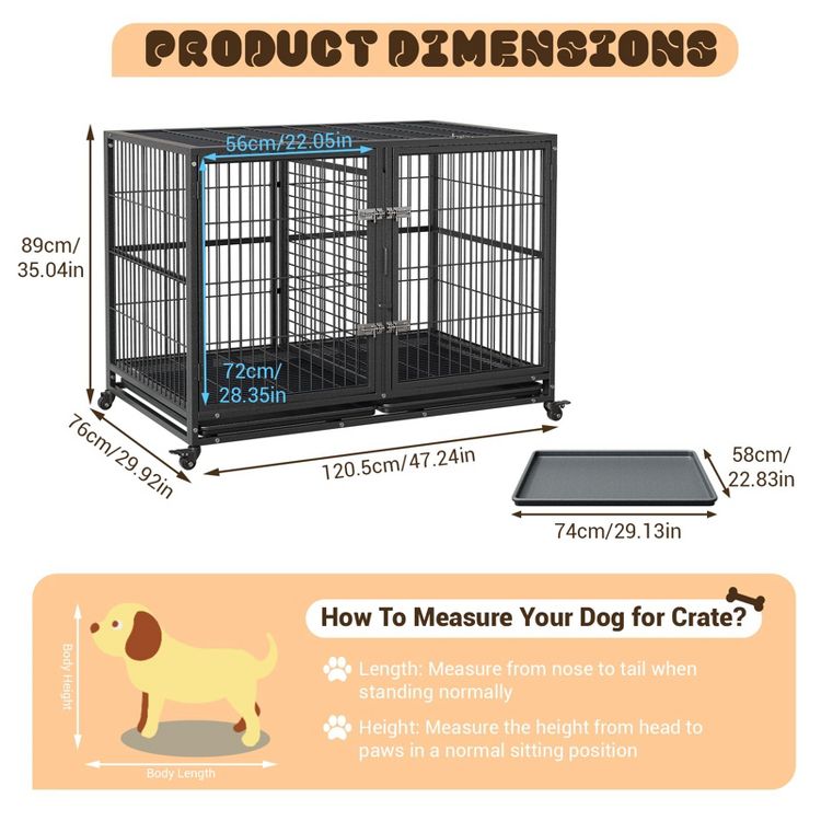 Dog Crate for Large Dogs, Chew-Resistant Dog Kennel with Double Door & Lockable Wheels, 3 of 8