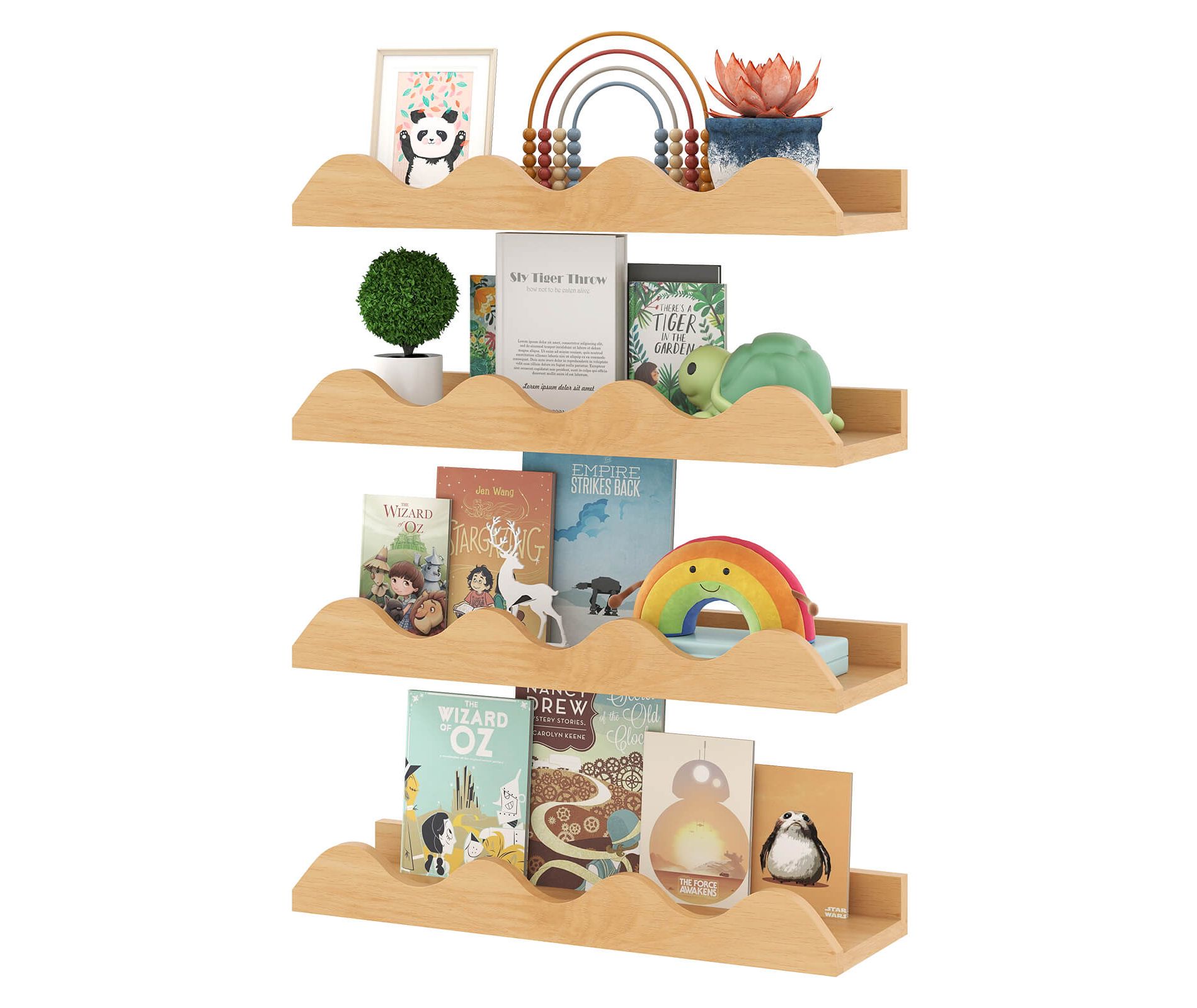 Costway Kids Bookshelf Set of 4 with Fir Wood Structure & Wavy Anti-Falling Edge