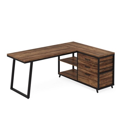 Lirago Brown Engineered Wood and Metal L-Shaped Desk 53.2x39.4x29.5 Inch with 3 Drawers 2 Shelves