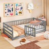 Tangkula Twin Size Floor Bed w/High Fence & Door Safety Guardrails Wood Floor Bed Frame - 3 of 4