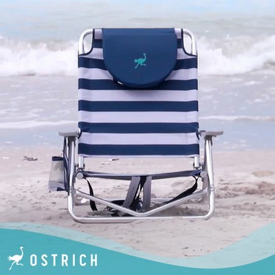 Blue and White Striped Aluminum Camping Chair with Armrests