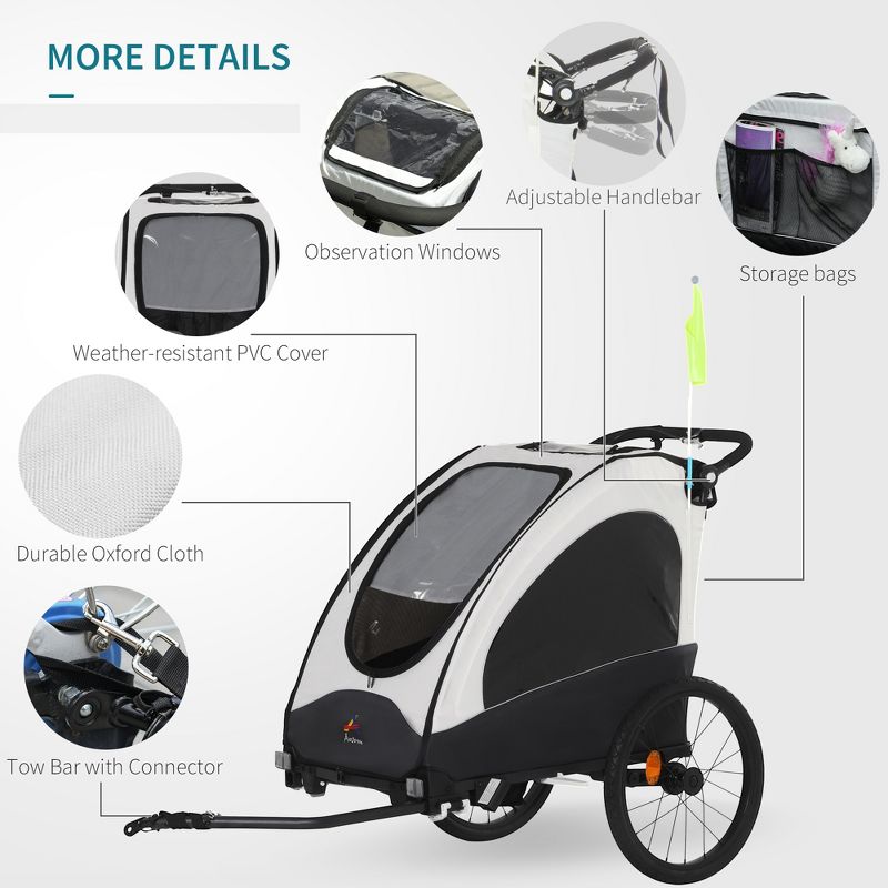 Aosom Bike Trailer for Kids 3 In1 Foldable Child Jogger Stroller Baby Stroller Transport Carrier Rubber Tires Kid Bicycle Trailer, 6 of 11