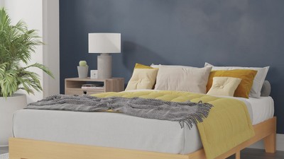 Natural Pine Full Platform Bed with Wood Headboard and Slats