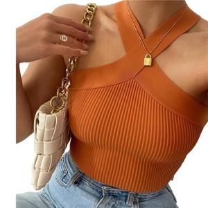 Clearlove Women’s Basic Criss-Cross Halter Neck Crop Tops Solid Ribbed Knit Off Shoulder Sleeveless Crop Tank Top - 1 of 4