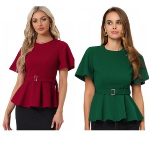 INSPIRE CHIC Women's Round Neck Flutter Sleeve Belted Waist Office Peplum Blouse 2 Packs - 1 of 4