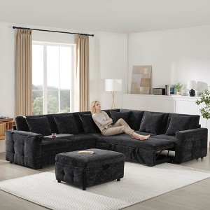 Whisen Chenille Sectional Pull-Out Sofa Bed with Flip-Up Table, Adjustable Reading Lamp, Charging Ports, Movable Storage Ottoman - 1 of 4