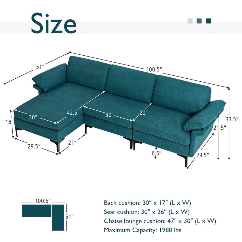 Costway Modern Modular L-shaped Sectional Sofa w/ Reversible Chaise & 2 USB Ports Red\Blue\Grey, 4 of 11