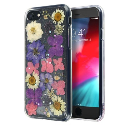 Insten Floral Case For iPhone SE 2020 (2nd Gen), Glitter Crystal Pressed Dried Real Flowers Soft TPU Cover, Pink Purple