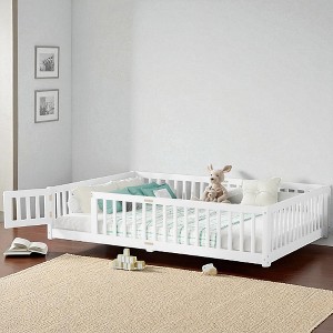 Mshliw Twin/Full/Queen Size Kids Floor Bed with Safety Guardrails and Door, Montessori Style Wooden Platform Bed Frame for Toddlers, Children Bedroom - 1 of 4