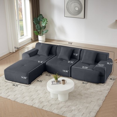 Diagram overlay showing dimensions of the sofa in a living room