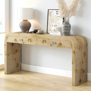 Mshliw 60 Inch Burl Veneer Console Table with 2 Drawers and Zinc Handles, Dining Table, Rectangular Entryway Table for Living Room or Hallway - 1 of 4