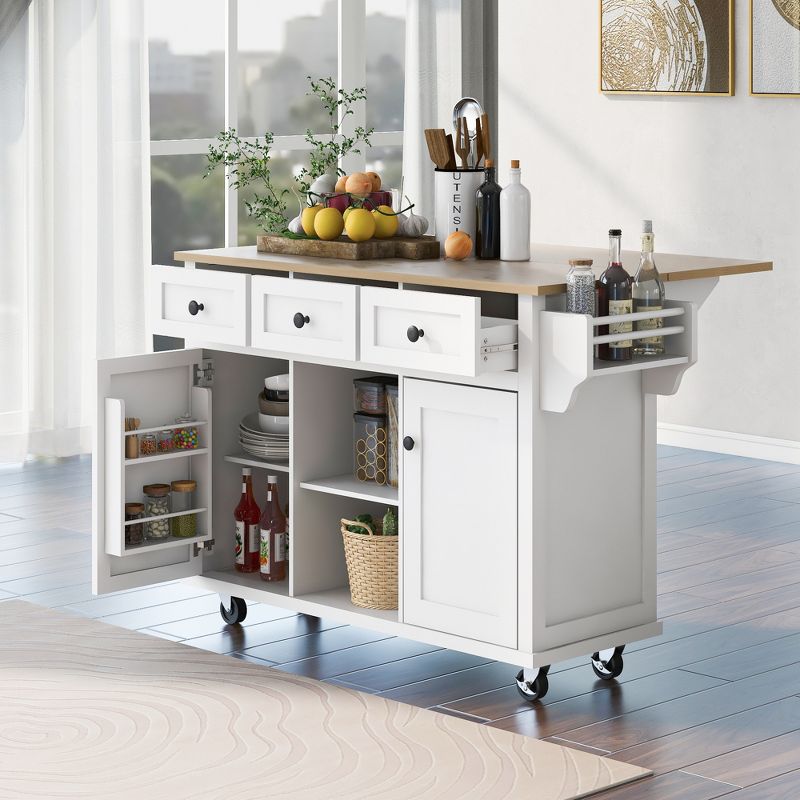 Drop-Leaf Countertop Kitchen Island, Kitchen Cart with 5 Wheels, Storage Cabinet and 3 Drawers-ModernLuxe, 2 of 14