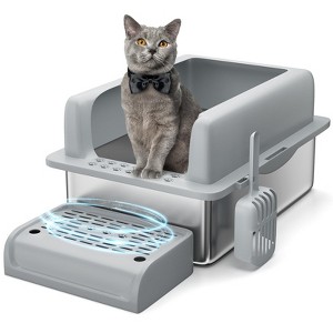 Stainless Steel Cat Litter Box 8/6 inch, XXL Large Cat Litter Tray with High Side, Platform Step and Scoop for Big Cats Multiple Cats - 1 of 4