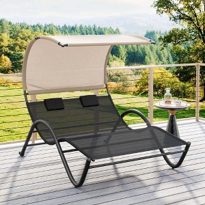 Costway Outdoor Double Chaise Lounge Chair with Sunshade Canopy & Headrest Pillows - 1 of 4