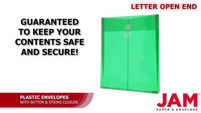 JAM Paper 9 3/4'' x 11 3/4'' Plastic Envelopes with Button and String Tie Closure, Letter Open End - Green, 2 of 6, play video