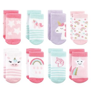 Hudson Baby Infant Girls Cotton Rich Newborn and Terry Socks, Unicorn 8-Pack - 1 of 4