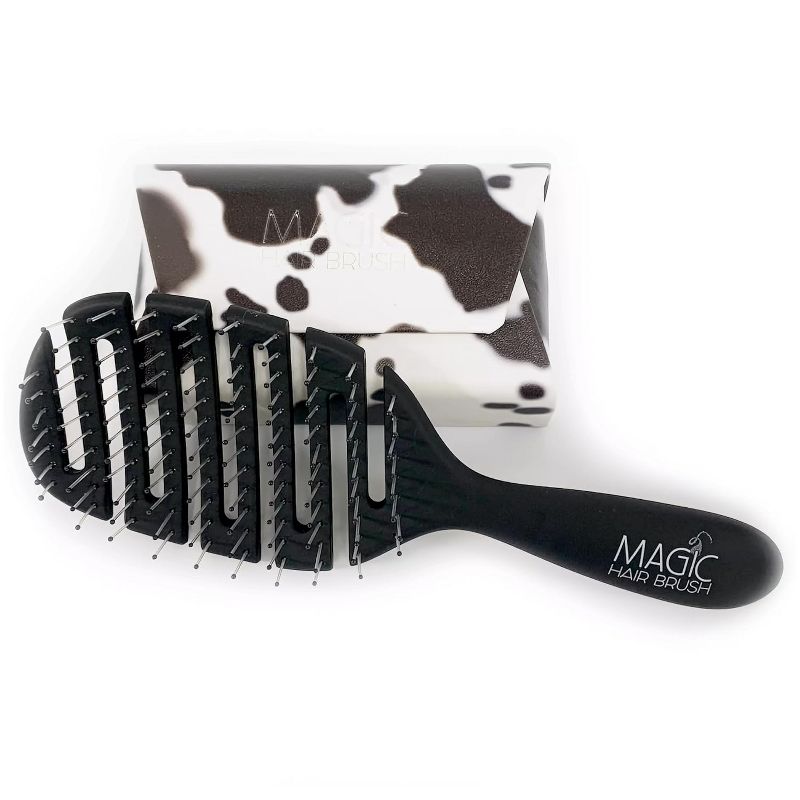 Magic Hair Brush Fashion Black, Flexible & Vented For Detangling w/ Cow Print Storage Wallet - Black/Cow Print, 1 of 8