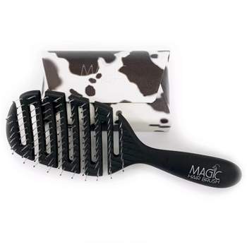 Magic Hair Brush Fashion Black, Flexible & Vented For Detangling w/ Cow Print Storage Wallet - Black/Cow Print