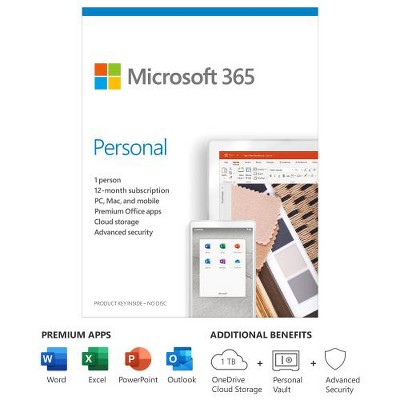 Microsoft 365 Personal 1 Year Subscription For 1 User - For Windows, macOS, iOS, and Android devices - Physical PC/Mac Keycard