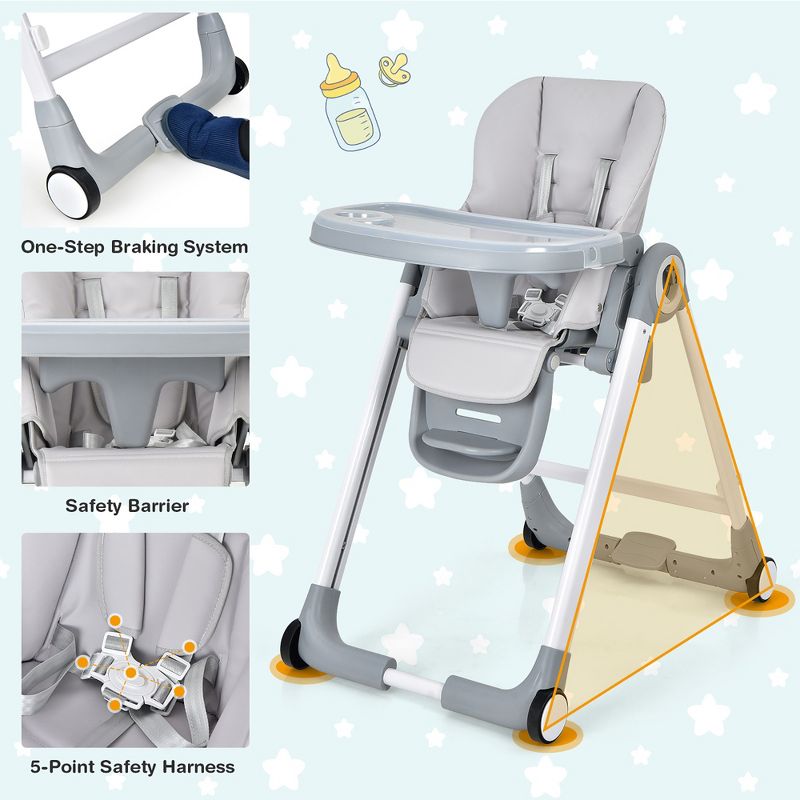 Babyjoy Folding Convertible High Chair Height Adjustable Feeding Chair with Wheel Tray Grey, 2 of 7