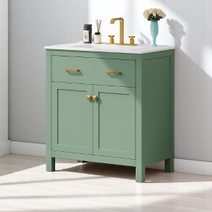 Mshliw 30" Modern Bathroom Vanity with Ceramic Sink, Soft-Close Doors, Flip-Out Drawer & Adjustable U-Shaped Shelf - 1 of 4