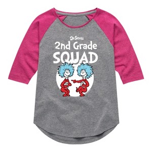 Girls' - Dr. Seuss - 2nd Grade Squad Thing 1 and Thing 2 Shirt Tail Raglan Graphic T-shirt - 1 of 4